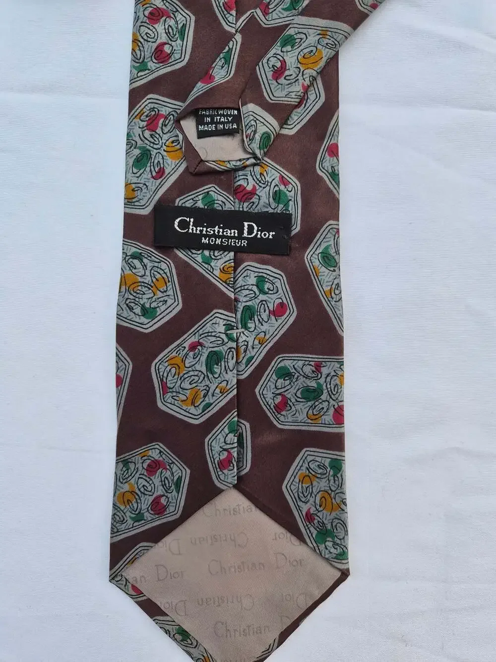 Vintage Christian Dior Monsieur Brown Silk Necktie with Abstract Pattern